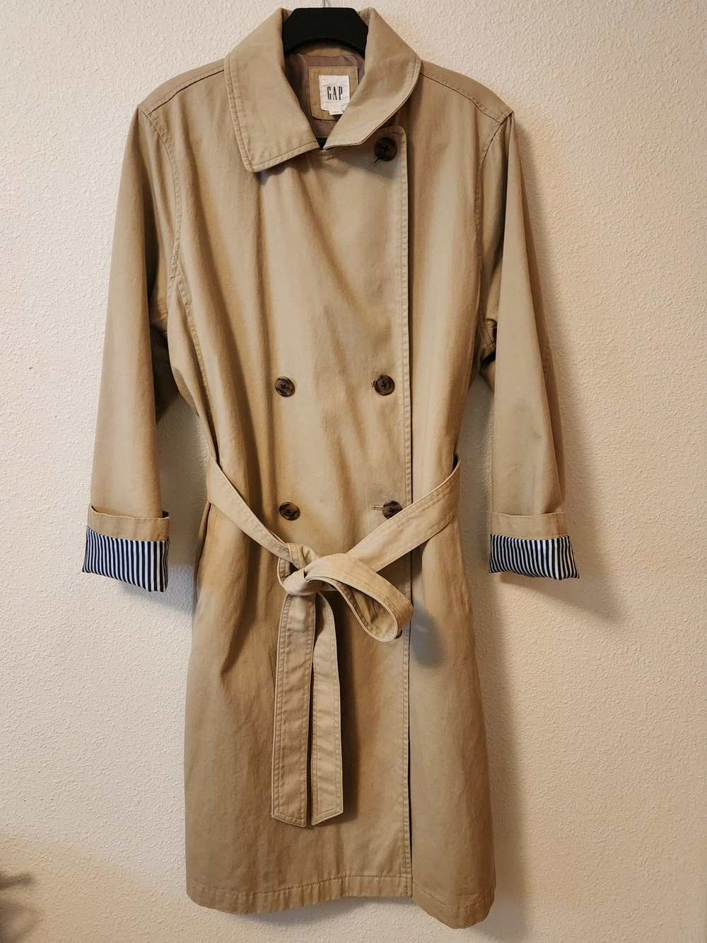 GAP Modern Trench Coat XL Cotton Khaki with Striped Sleeve Lining